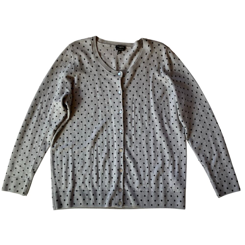 Talbots Merino Wool Cardigan Sweater Size XL Gray Black Polka Dot Lightweight
